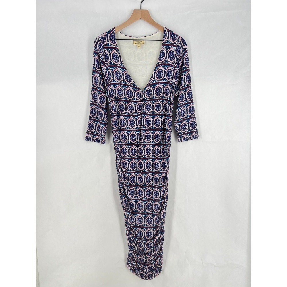 Anthropologie Moulinette Soeurs Medea Ruched Column Dress Womens Large Blue Geo